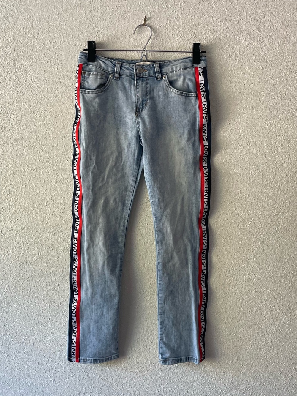 Levi’s Girls 14 Ankle Girlfriend Jeans Logo Side Stripe Taped Light Wash